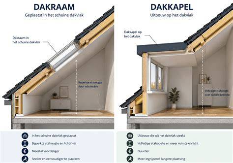 Infographic over dakraam vs dakkapel vs lichtkoepel: daglichtinval, ventilatie, en ruimtegevoel
