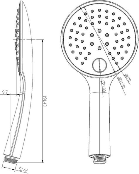 Diagram: druppelstroom en straalsoorten van drie standen handdouche