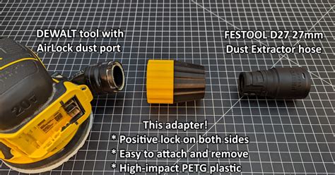 Diagram dat de werking van de stofafzuiging en Airlock aansluiting van de DeWALT DWE6423 toont