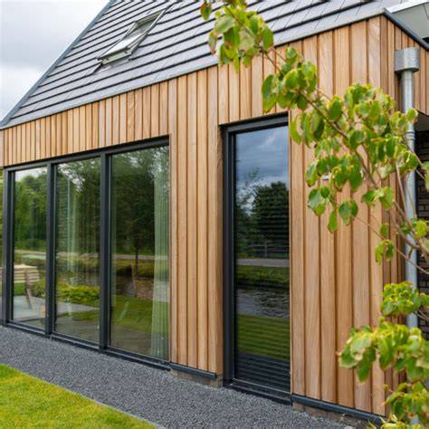 Foto: Voorbeelden van verschillende gevelbekledingen (hout, steenstrip, leien, thermo Ayous)