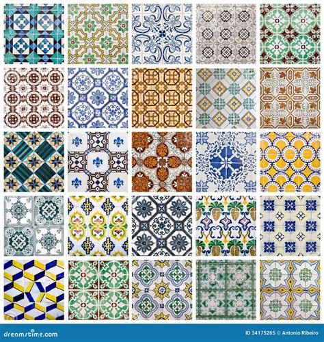 Collage van diverse Portugese tegels met verschillende patronen en kleuren