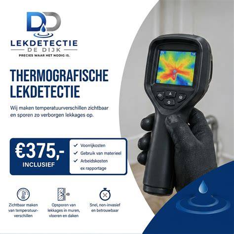 Infographic over lekdetectie-methoden (thermografie, endoscopie, akoestiek, rookproef)