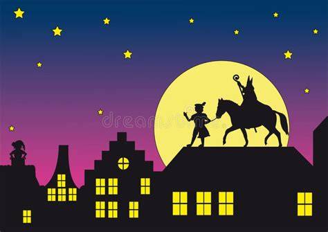 Illustratie van Sinterklaas en Piet die over een dak rijden bij nacht