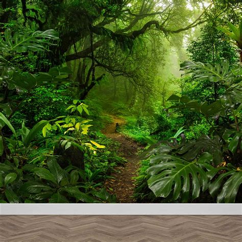 Fotobehang met een panter in een groen, tropisch regenwoud met abstracte elementen