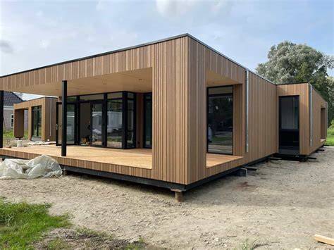 Infographic: Kostenbereik prefab woningen (€60k tot €600k) inclusief factoren zoals bouwgrond, volume, afwerking