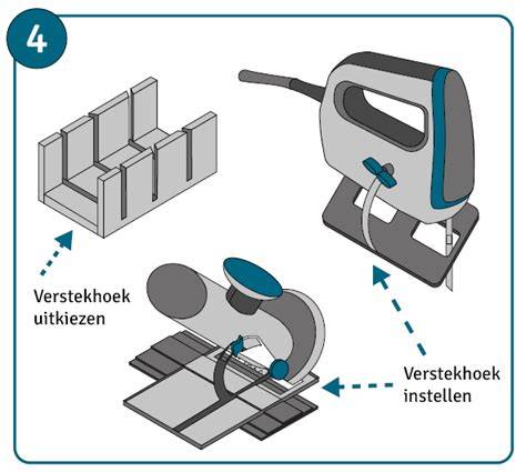 Infographic: Stappenplan verstek zagen met een verstekbak en messen