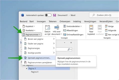 instellingen paginanummering sectie