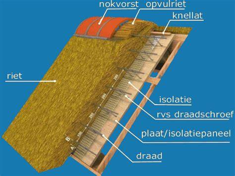 Illustratie van traditionele open rietendak en gesloten schroefdakconstructie