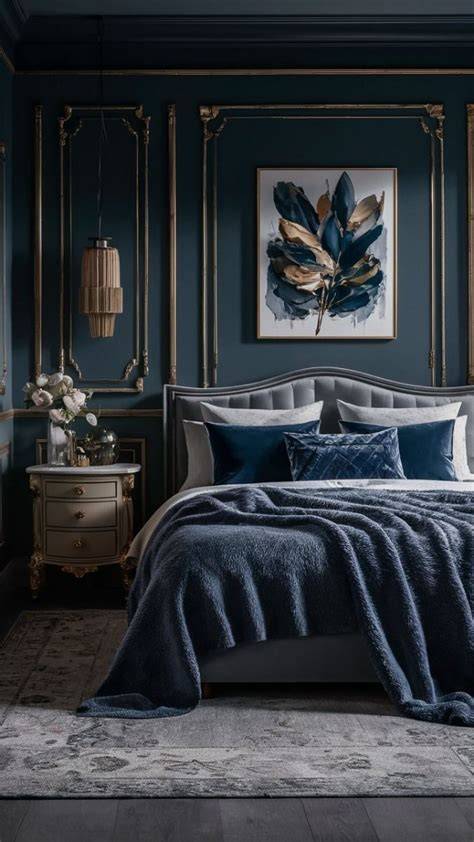 Glamoureuze art deco slaapkamer in donkerblauw met gouden accenten