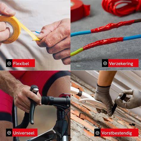 Infographic overzicht van toepassingen van isolatietape: markeren, isoleren, kabelbundeling, reparatie en bescherming