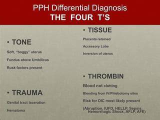 Diagram: oorzaken van postpartaal bloedverlies (Tone, Trauma, Tissue, Thrombin)