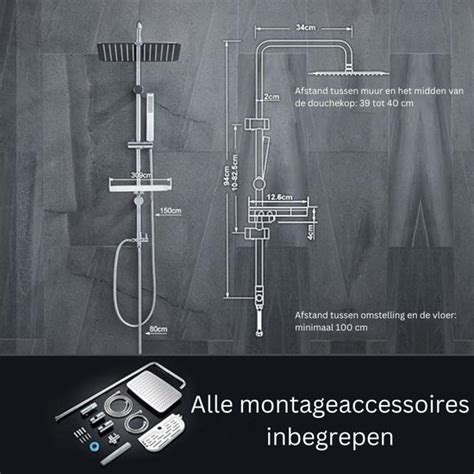 Illustratie die de plaatsing van een regendouche en een handdouche ten opzichte van elkaar toont.