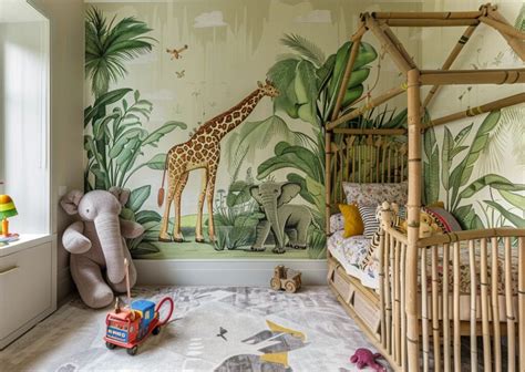 Een kinderkamer met vrolijk dieren behang dat de ruimte speels maakt