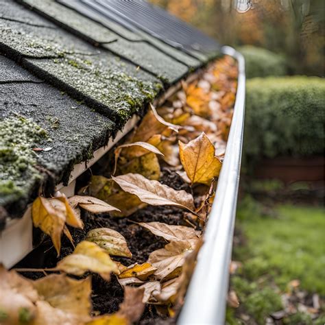 Illustratie van een verstopte dakgoot met bladeren en vuil