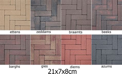 Illustratie van diverse soorten gebakken klinkers in verschillende kleuren en formaten