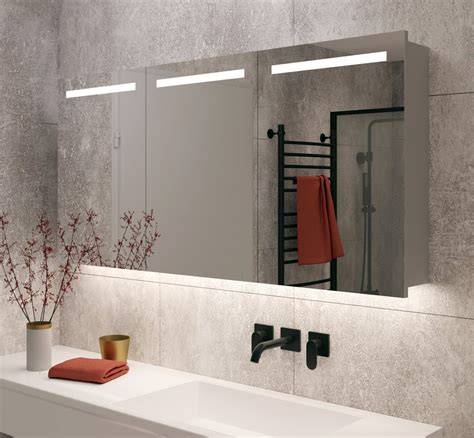 Afbeelding van verschillende spiegelkasten met verlichting en stopcontacten in een badkamer