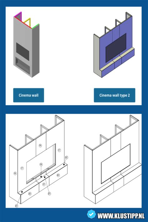 Schema van cinewall met frame, MDF ombouw en vakken