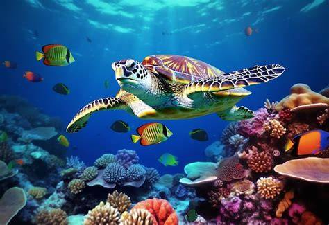 Onderwaterwereld uitgelegd: dolfijnen, schildpadden en vissen op behangprint
