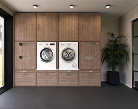 3D ontwerpvoorbeelden: ingebouwde wasmachine/droger in badkamer