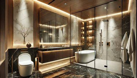 diagram: waterdichtheid, materialen en verlichting in een luxe badkamer