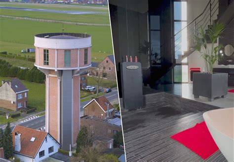Visualisatie van een watertoren omgebouwd tot woning en interieurindeling