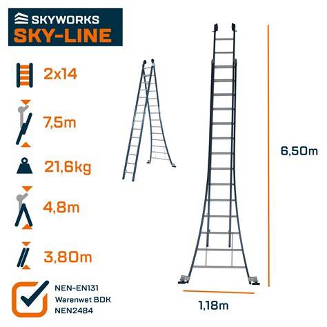 Infographic: 2x14 reformladder met afmetingen en uitschuifmechanisme