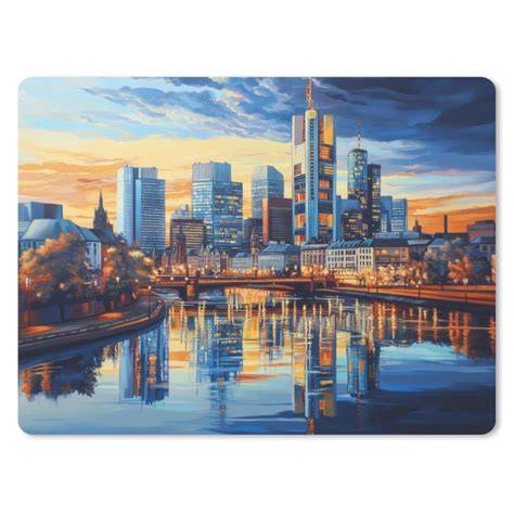 Panorama van Frankfurt bij zonsondergang vanaf een dakterras