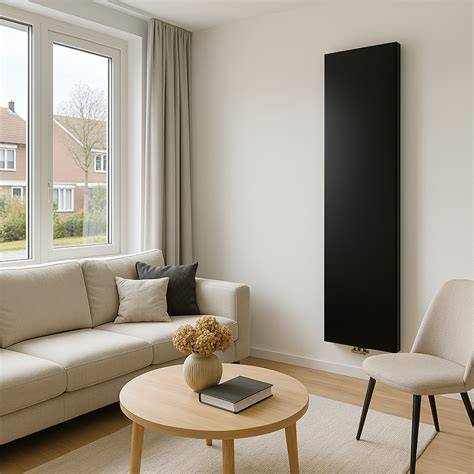 Foto van een verticale designradiator geïnstalleerd in een hal