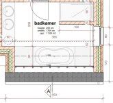 Diagram: ideale plaatsing van bad, kast en wastafel in een compacte badkamer