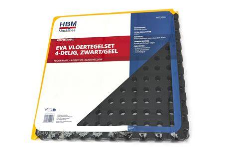 Infographic: overzicht van de HBM 4-delige foam vloertegel set met afmetingen, demping en aansluitingen