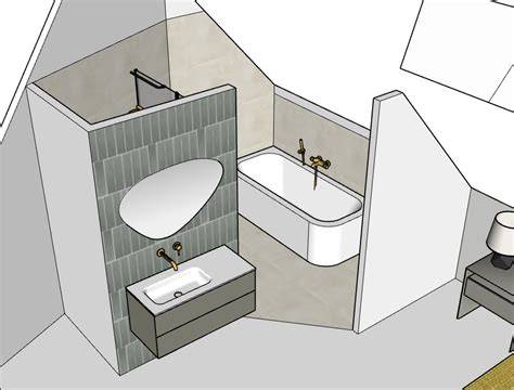 Afbeelding van een 3D badkamerontwerp met grijs-witte tinten en tegelwerk