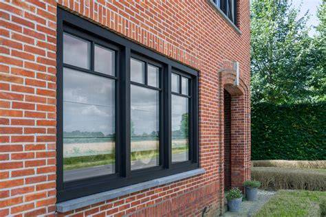Foto: zwarte houten kozijnen met roedeverdeling tegen bakstenen muur
