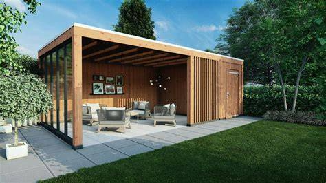 Schematische weergave van een modern tuinhuis met overkapping
