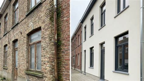 Foto: voor en na reiniging van een gevel met witte aanslag