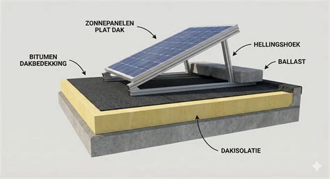 Infographic: vergelijk plat dak vs schuin dak bij zonnepanelen (lay-out, hellingshoek, ballast, onderhoud)