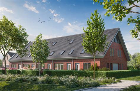 Artistieke impressie van een langgerekt kavel met landerijen en bos, met een bestaande woonboerderij in het midden en de potentie voor een schuurwoning.