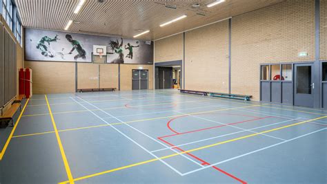 Foto: Voorbeeld gietvloer in een gymzaal met kleuren en belijning