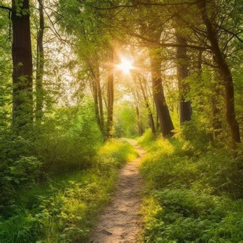 Bos behang: pad door het bos bij zonsondergang