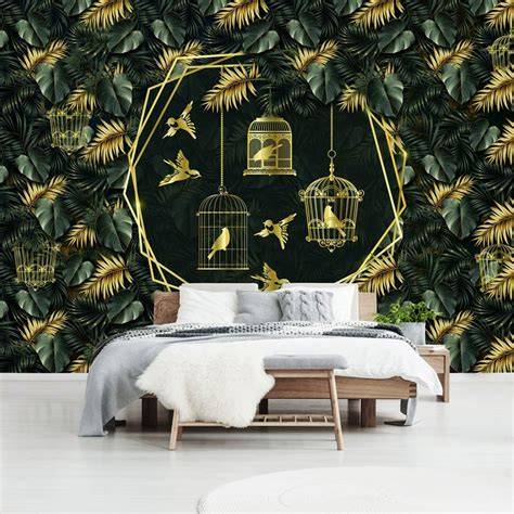 Fotobehang met gouden vogels in een jungle-thema