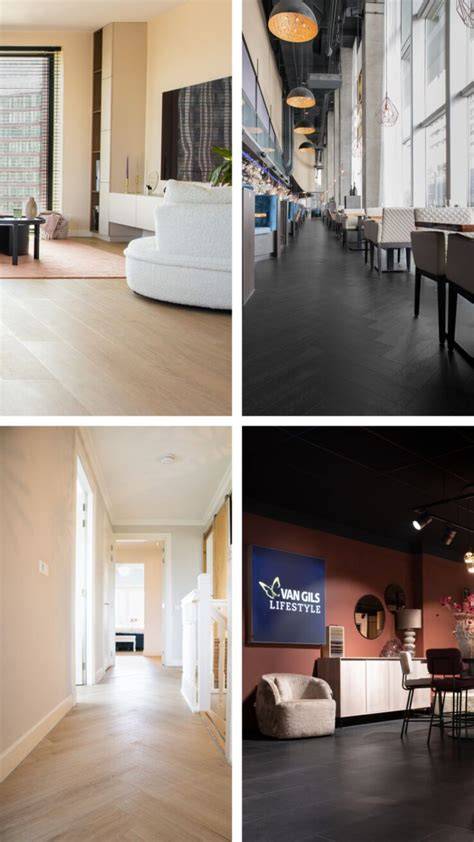 Foto montage: showroom en verschillende legpatronen van houten vloeren