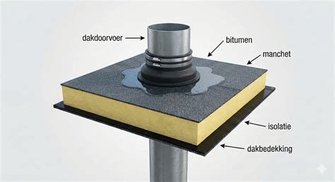 Infographic: Overzicht van HWA-componenten bij plat dak (dakdoorvoer, kiezelbak, bladvanger, zijuitloop, onderuitloop)