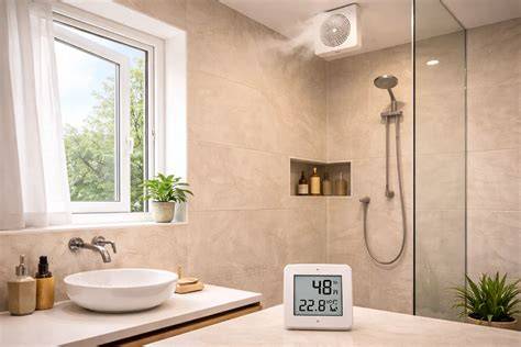 Infographic tonen: factoren die schimmel in de badkamer beïnvloeden (ventilatie, vocht, temperatuur, voegen)