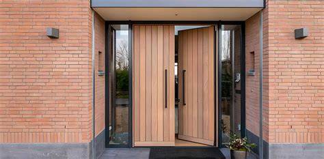 Afbeelding: Toonaangevende houten voordeur met glasgedeelten en minimalistische afwerking