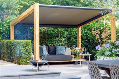Illustratie van een pergola met cabrio-vouwdak en zonwering