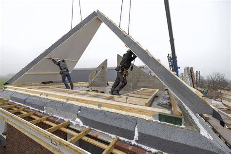 Diagram: hijsproces prefab dakelementen vanaf wagen naar plaatsing