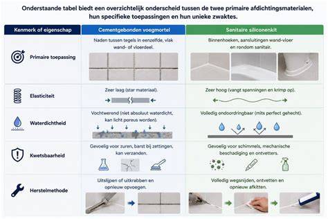 Illustratie: Overzicht van mogelijke lekbronnen onder badkamertegels (tegels, kitranden, voegen, doucheputje en leidingen)