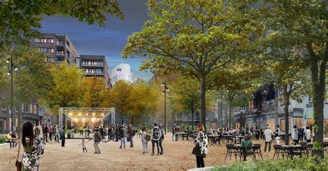 Impressionistisch beeld van het vernieuwde Wilhelminaplein met historische elementen en moderne zitjes