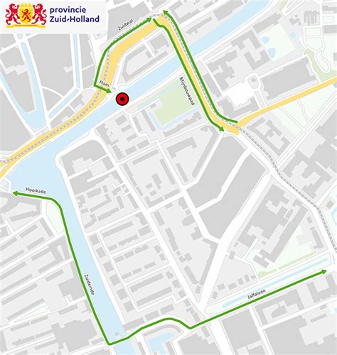 Plattegrond met omleidingsroutes langs Hambrug, Sint Sebastiaansbrug en Abtswoudsebrug