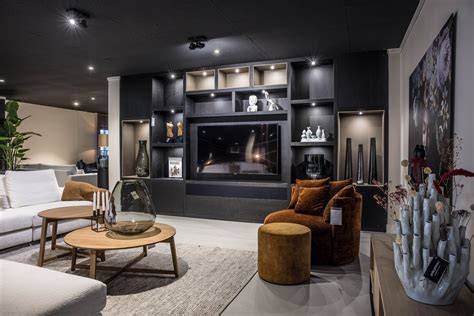 Foto: Voorbeeld van verschillende betonlook tv-meubels in een showroom
