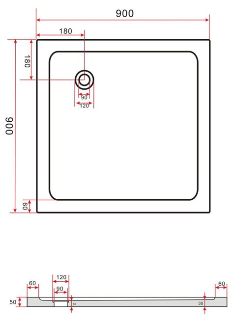 Afbeelding: Technische tekening van Bruynzeel douchebak 90x90